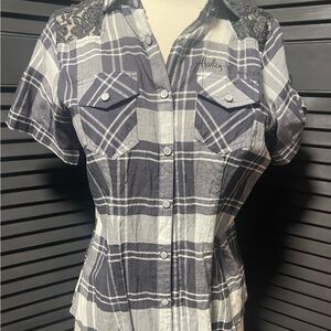 Harley-Davidson Women's Gray and White Plaid Button Down Shirt